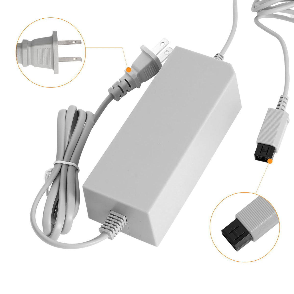 Xahpower Wii console power adapter showing the proprietary connection interface pin closeup.