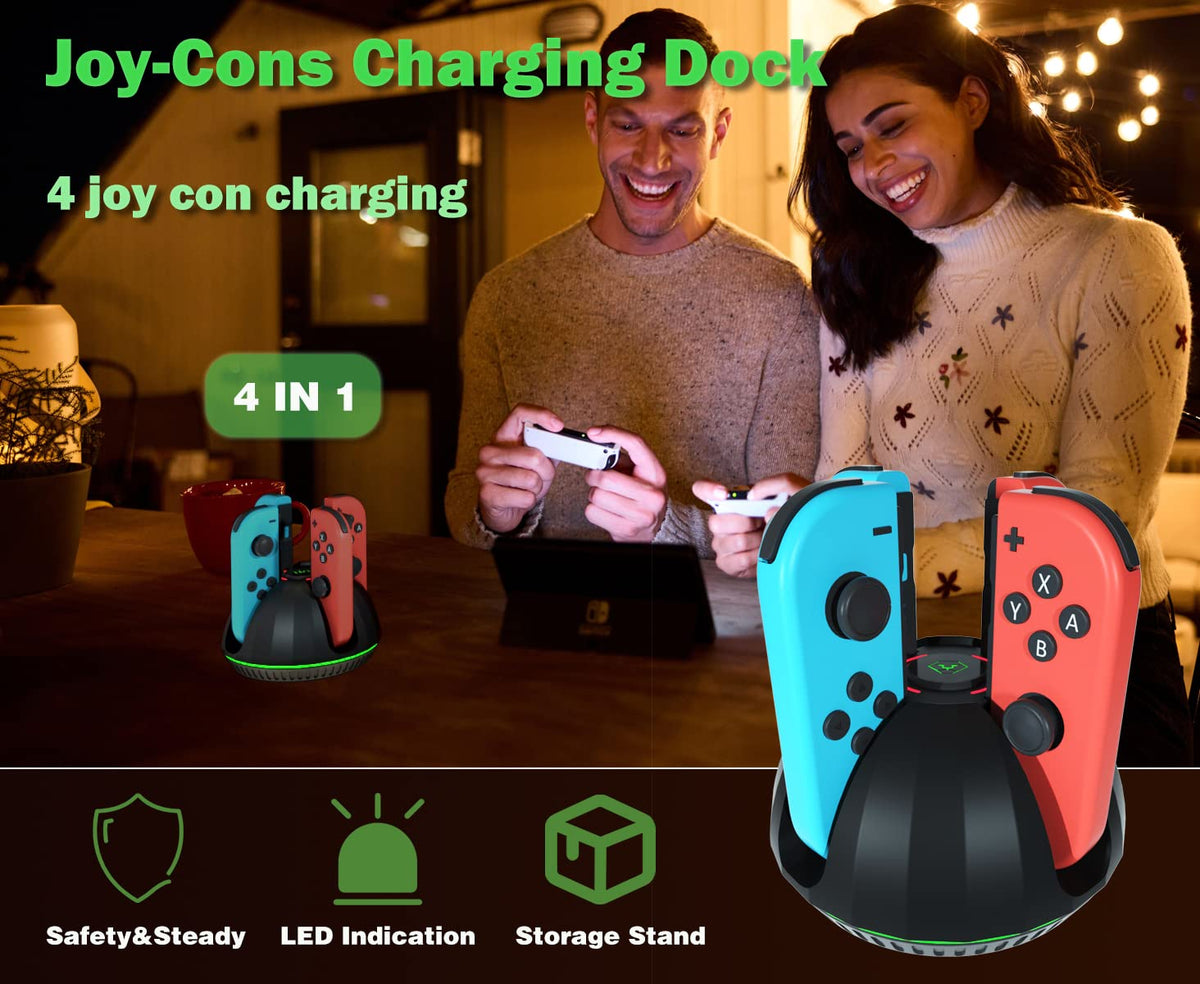 PURBHE fast charging station for Nintendo Switch OLED controllers showcasing compact design on an entertainment center