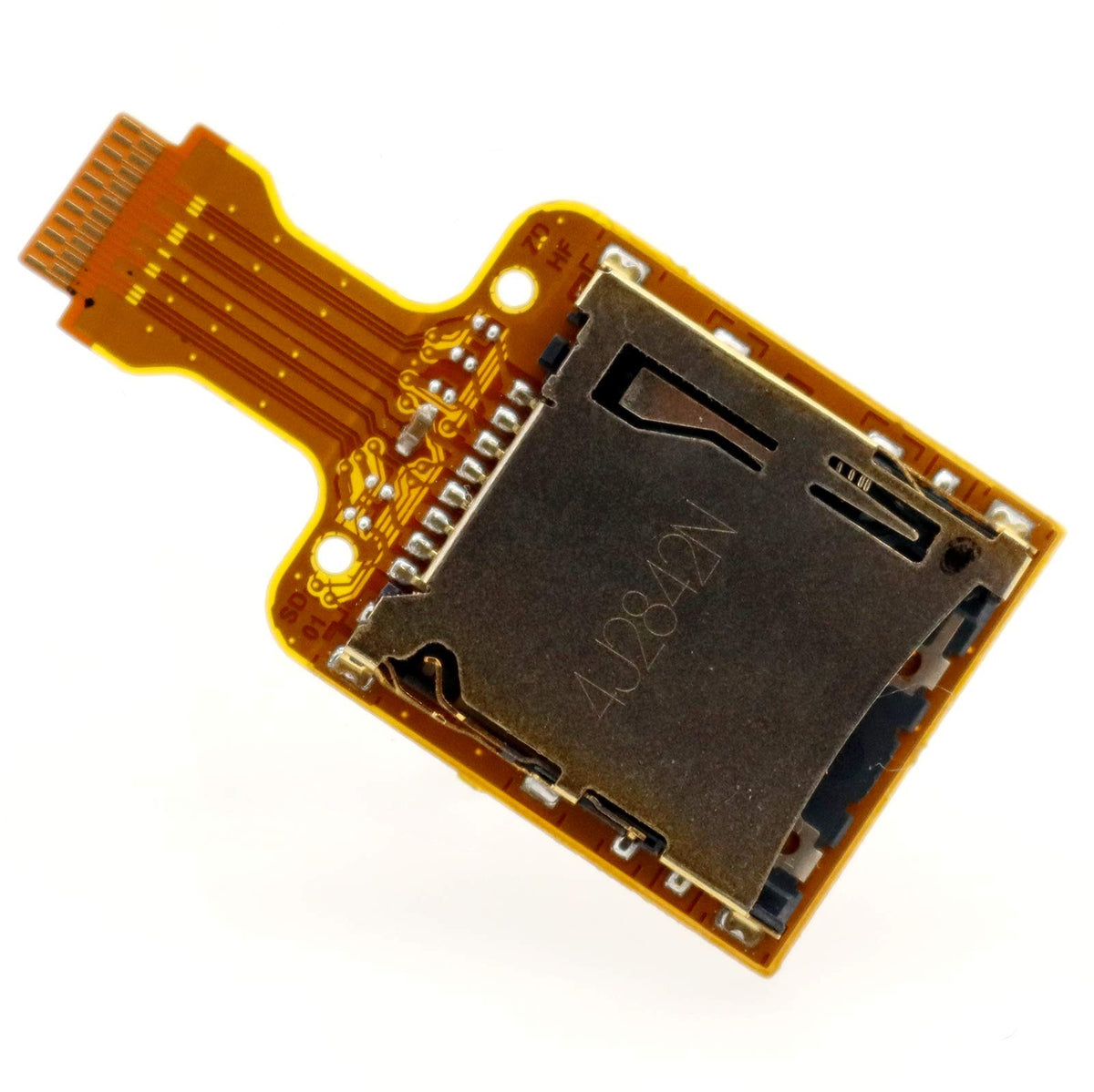 Close up view of the solderless press fit connector on the Deal4GO memory card board used for Nintendo repair projects.