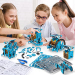 Assembled solar powered robot crawling outdoors under direct sunlight to demonstrate battery-free green energy mechanics.