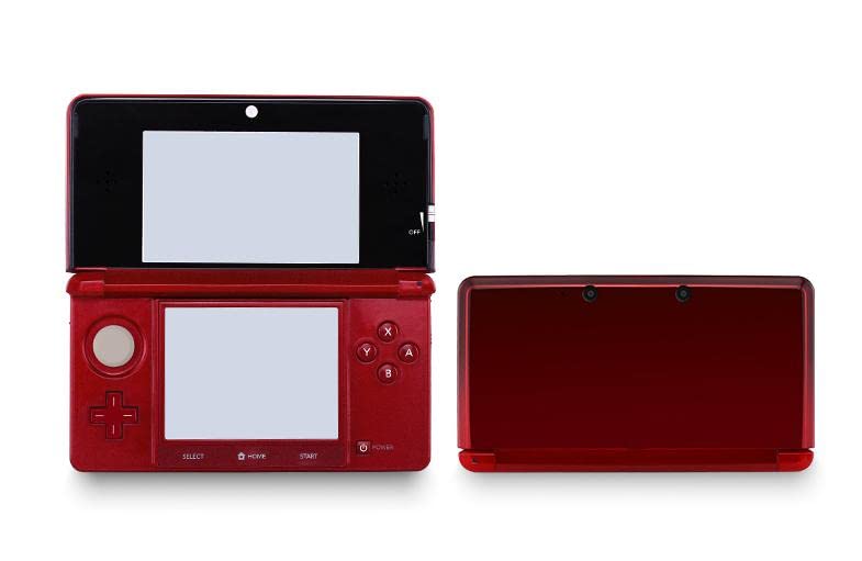 Nintendo 3DS Flame Red console showing the 3D screen and stylus.