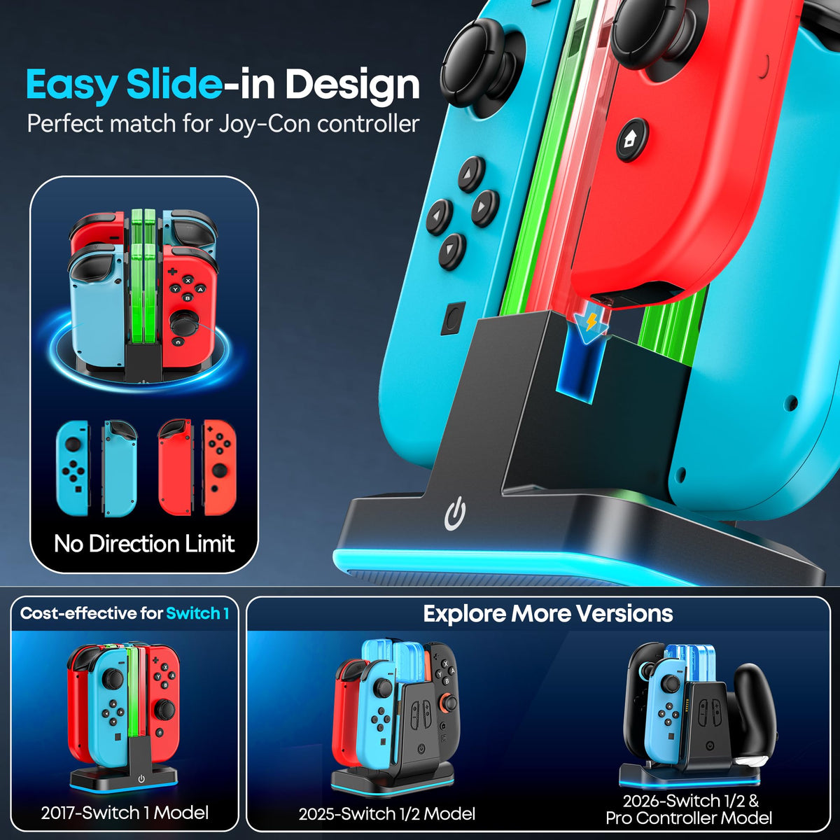 Close up of Rysker Joy-Con dock LED charging indicators