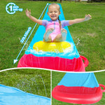 Side view of Elemara backyard water park with sprinklers active