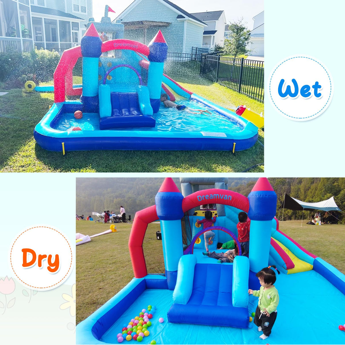 Side view of Akeydiy backyard bounce house with dual slides