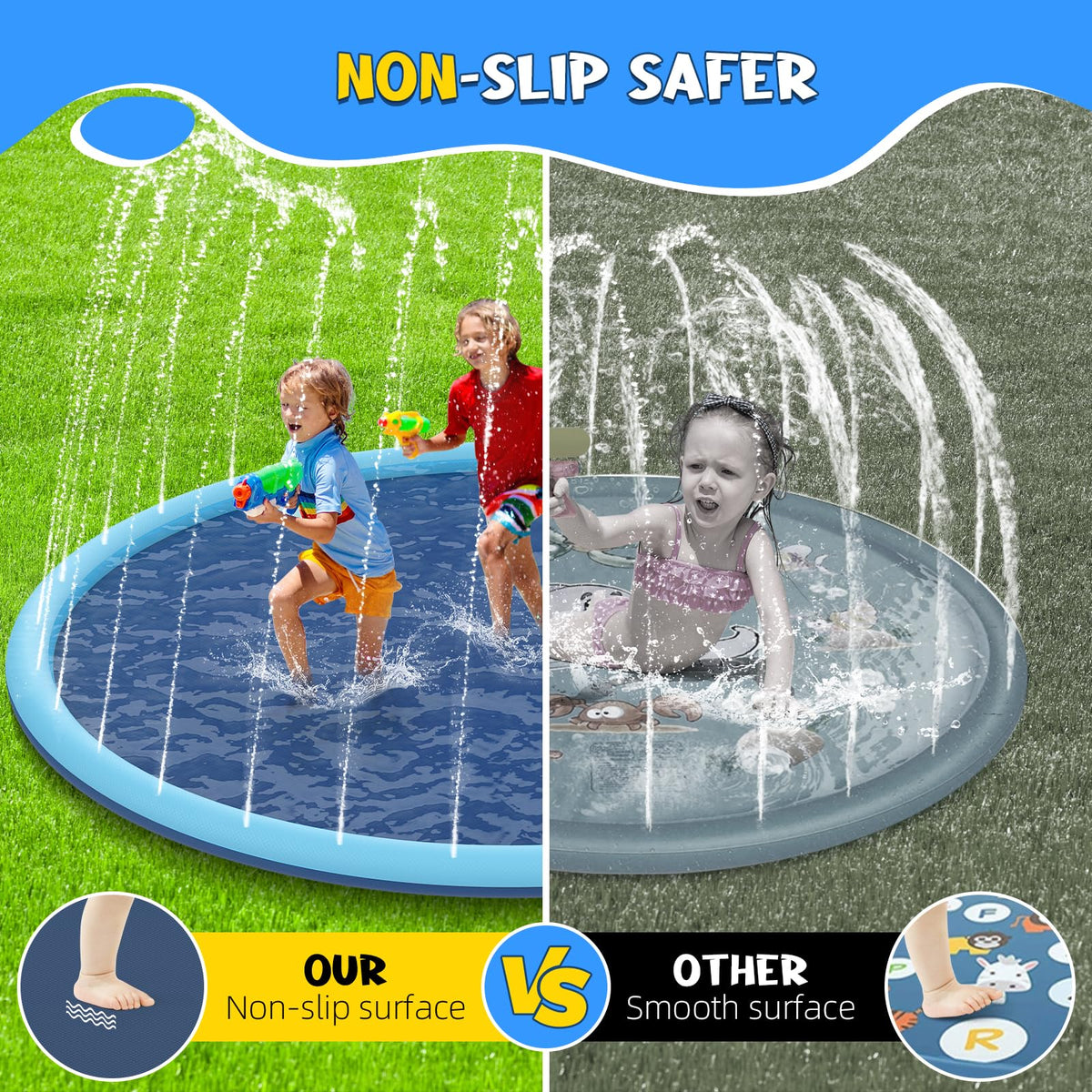 Children and pets playing on blue Koxobet inflatable splash pad