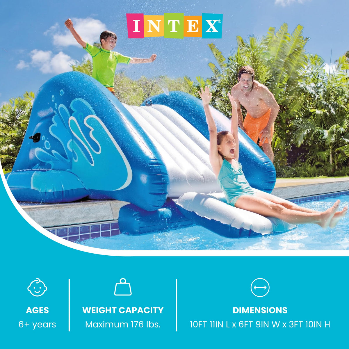 Intex inflatable pool slide showing integrated sprayer nozzles