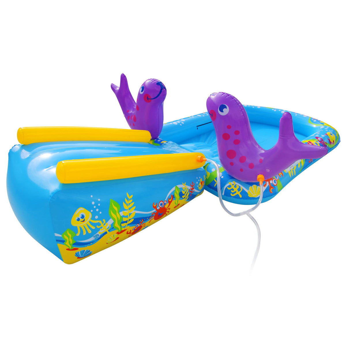 Top view of Banzai inflatable water slide and pool