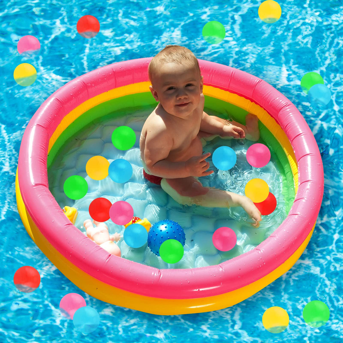Indoor view of Honoson multi colored three ring pool used as a children's ball pit