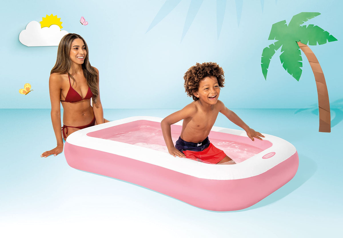 Underneath view of the Intex rectangular kids pool pointing out the convenient built-in water drain plug mechanism.