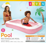 The complete packaging setup for the Intex pink kids pool displaying the included heavy-duty repair patch accessory.