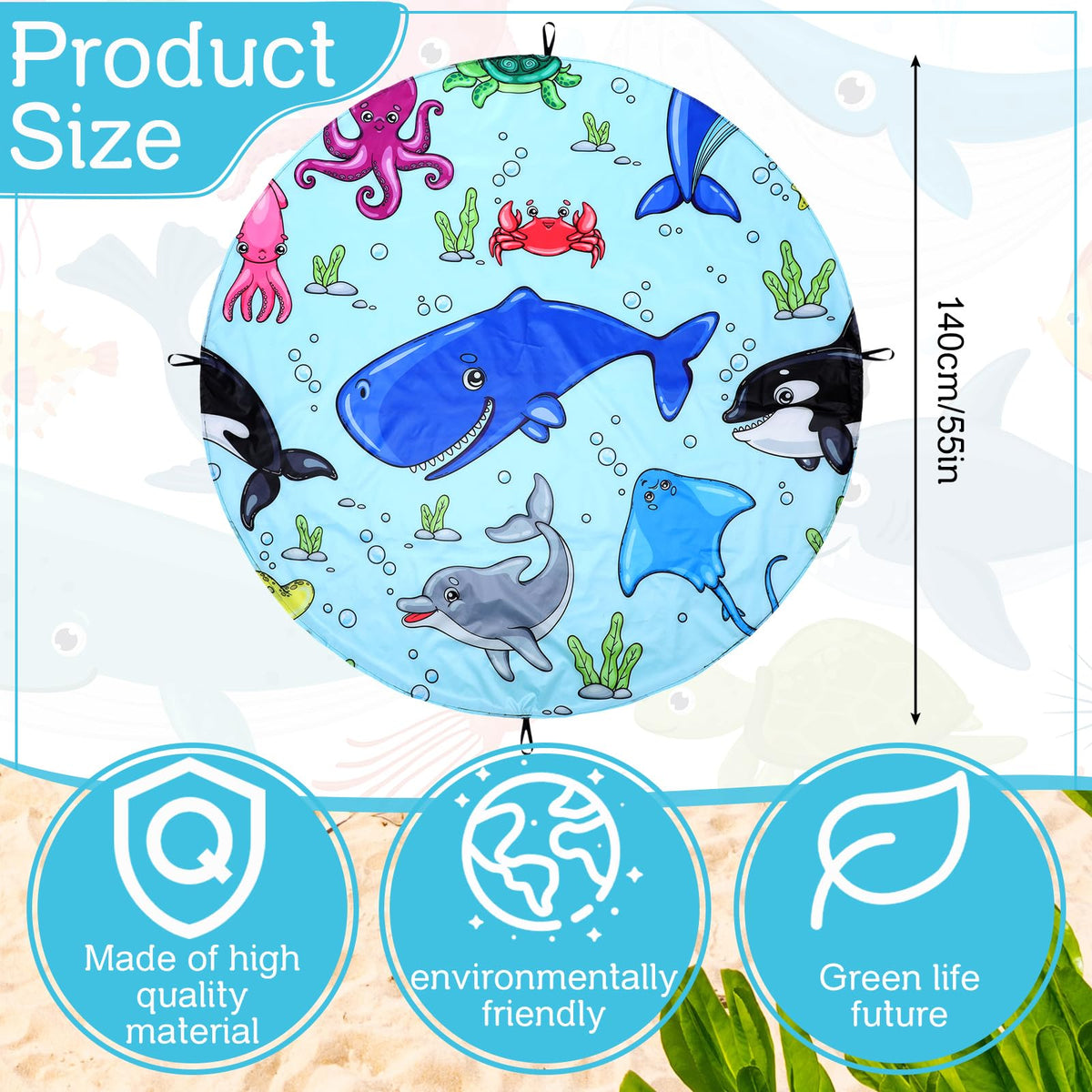 Tondiamo toddler pool blanket laid out flat as a sandproof picnic mat on the beach.