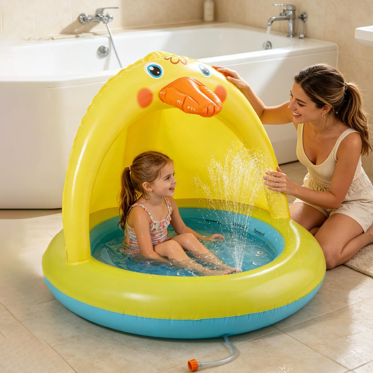 XFlated toddler sprinkle and splash play center connected to a green garden hose outdoors