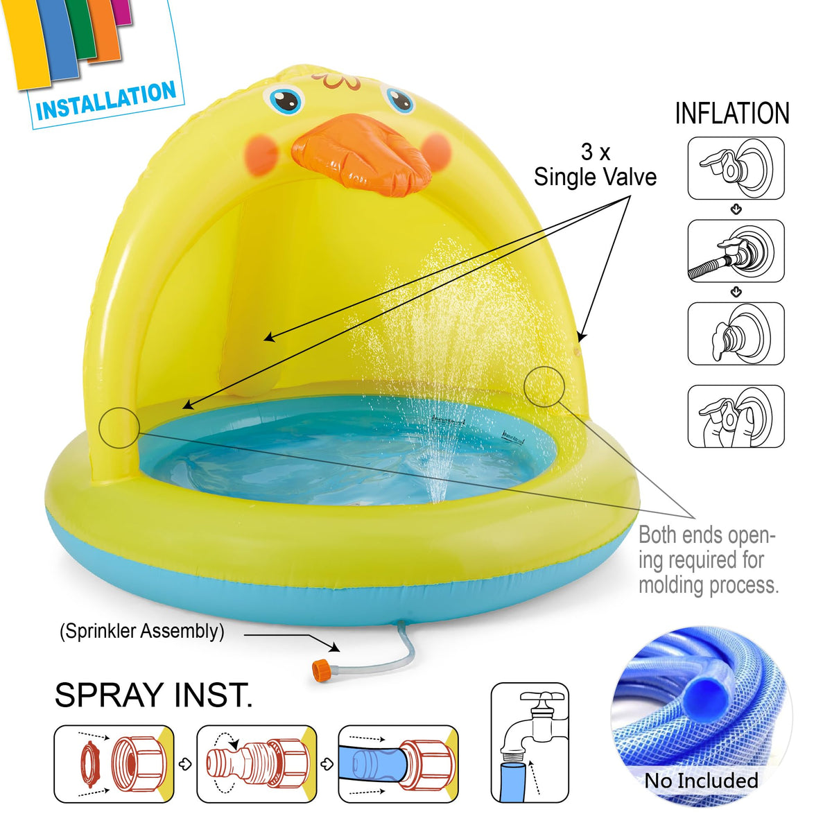 Side view of XFlated canopy kiddie pool showing the sun shade protection design