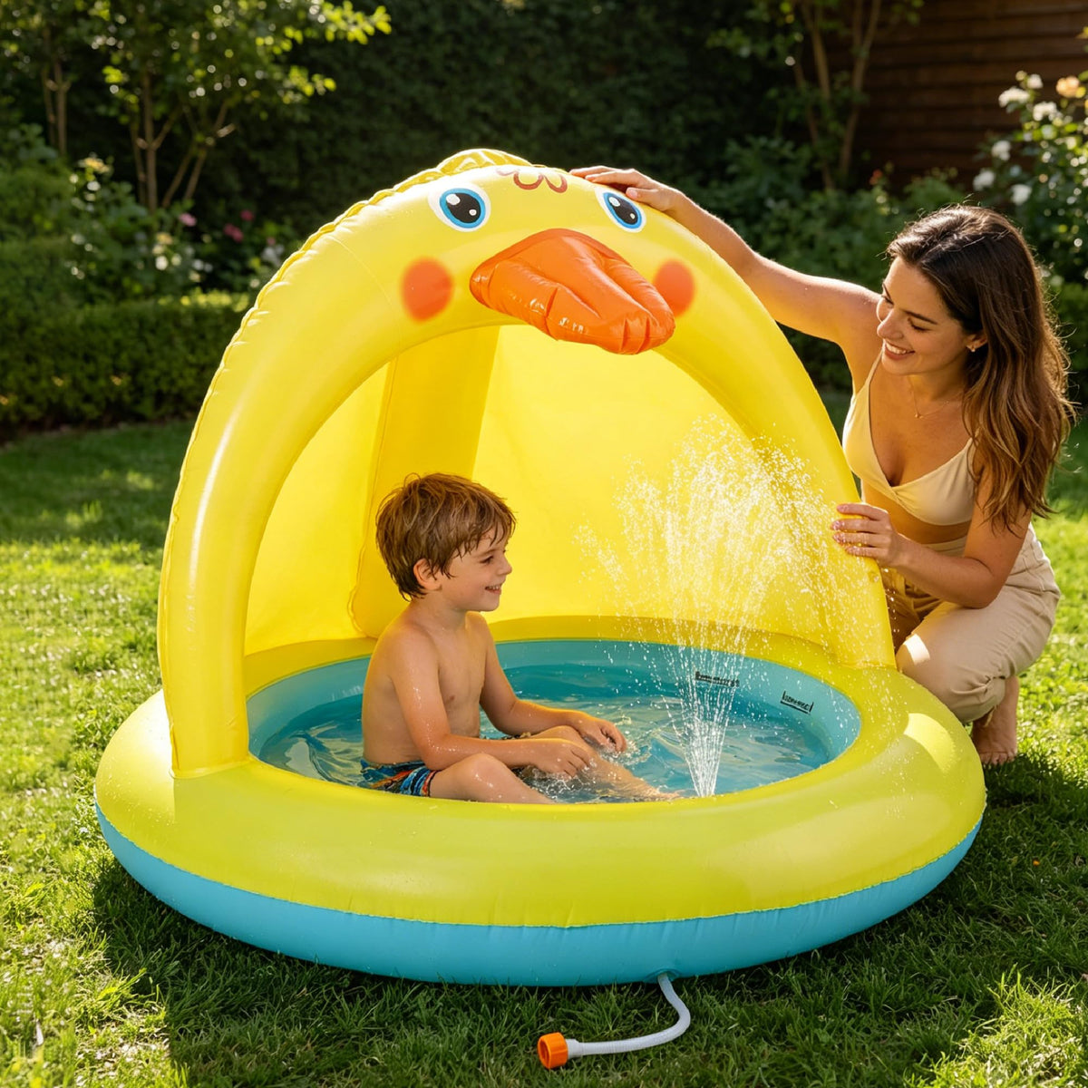 Top angle of XFlated inflatable splash pad showing the one gallon water capacity basin