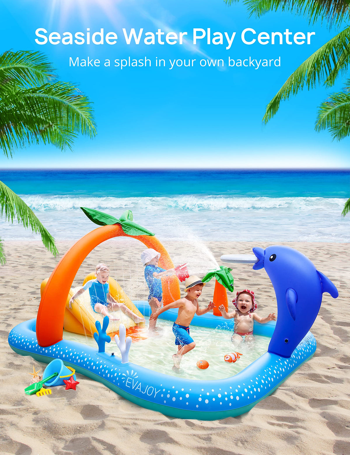 Side view of the Evajoy children swimming pool showing the built-in coconut tree sprinkler feature.