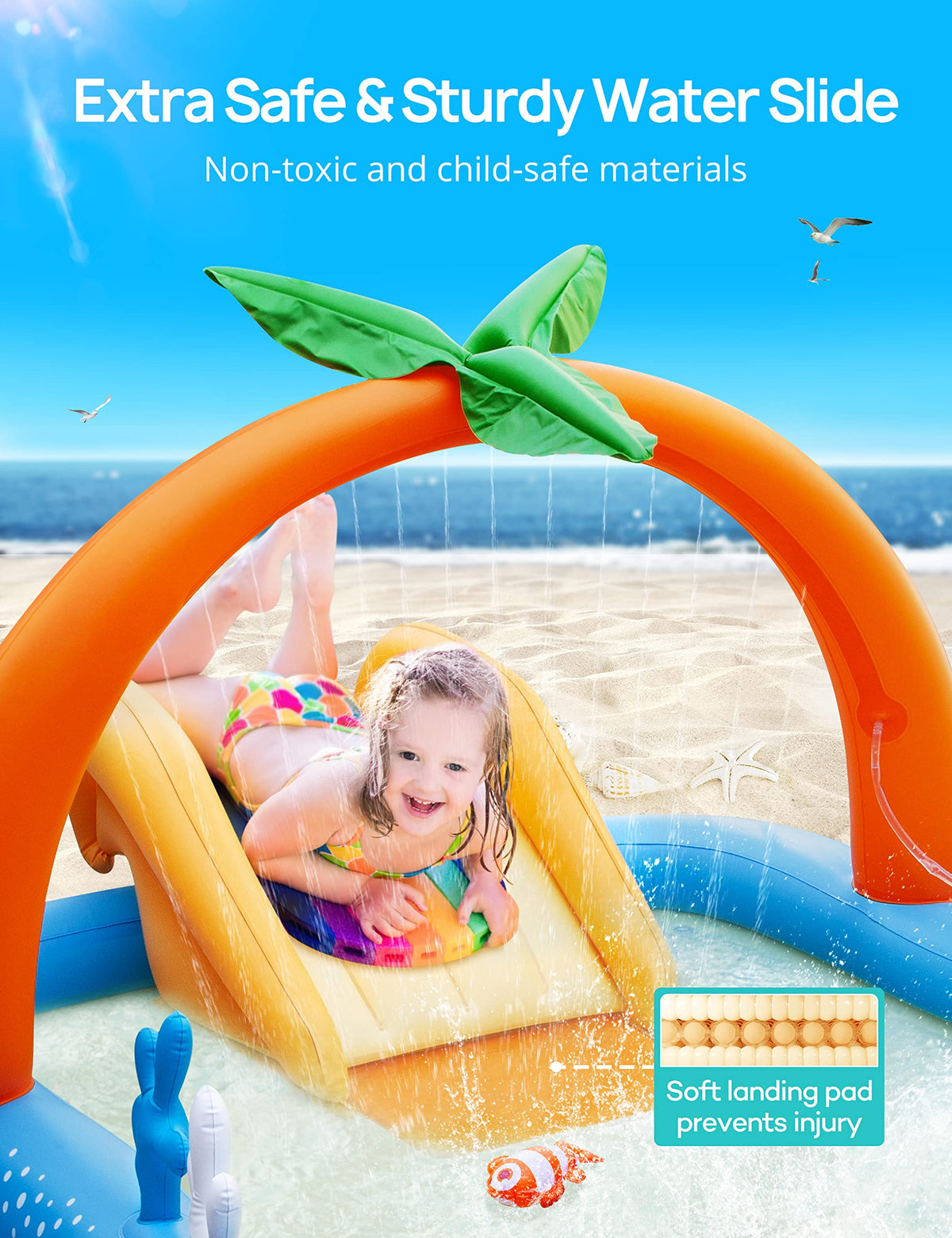 Evajoy toddler water park showing kids playing with the inflatable ring toss game setup.