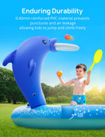 Top-down layout angle of the rectangular inflatable pool with slide fully inflated in a backyard.