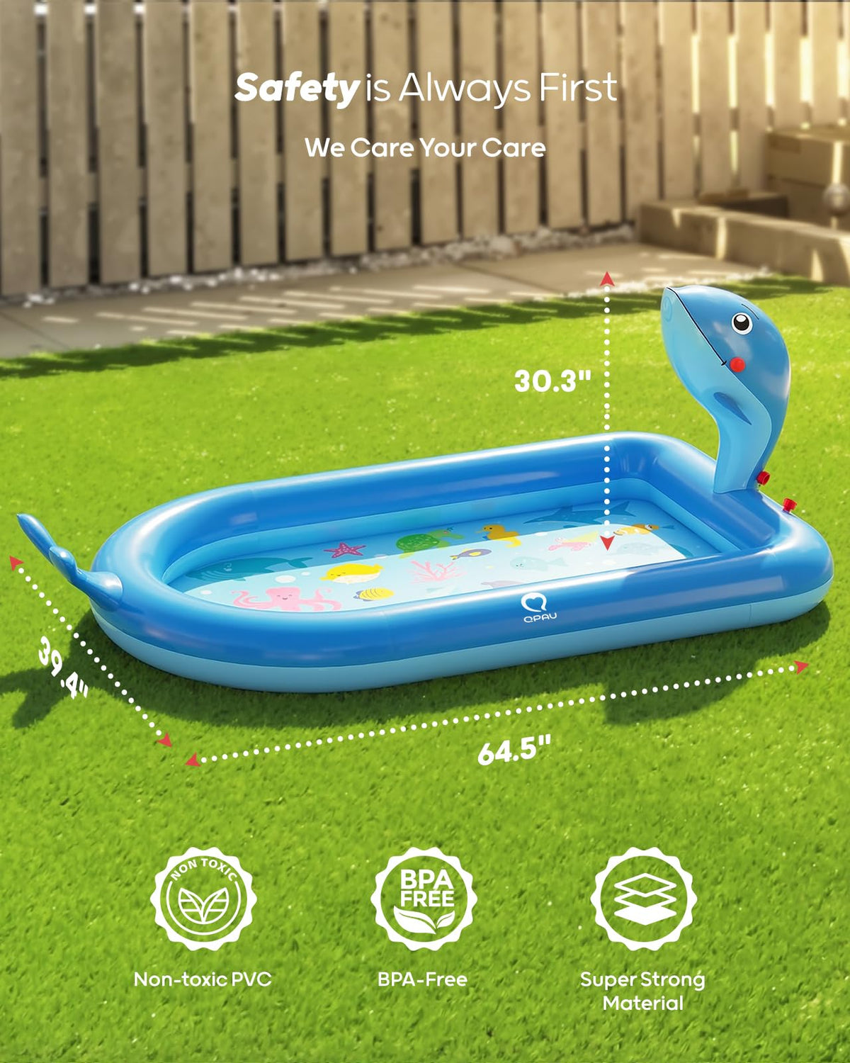 QPAU inflatable water play mat showing the built in bottom drainage plug feature.