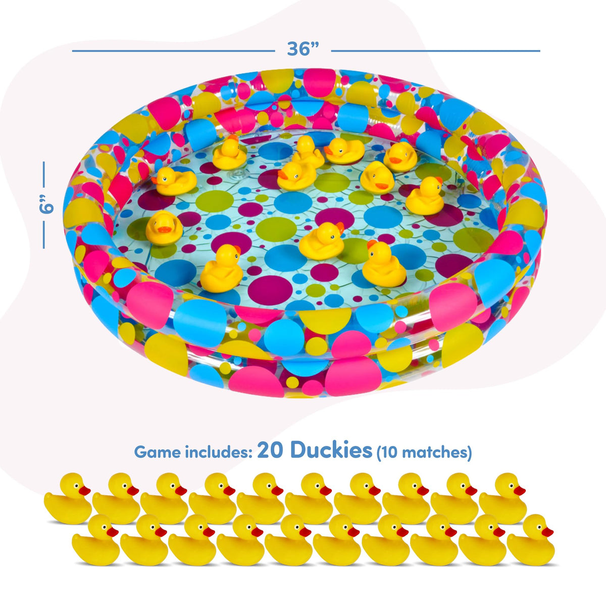 Gamie educational matching toy dimensions view highlighting the thirty-six inch pool diameter