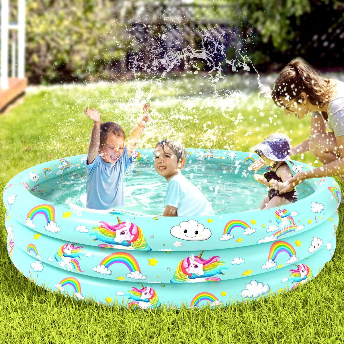Jasonwell fifty one inch baby swimming pool set up outdoors on a backyard lawn during a bright summer day.