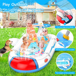 Two children playing in the shallow imported airplane sprinkler pool