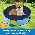 Top down perspective of the thirty one point five inch blue pet swimming tub showing water capacity space.