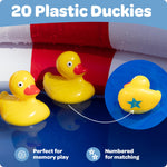 Children playing with the floating numbered ducks in the inflatable water backyard pond