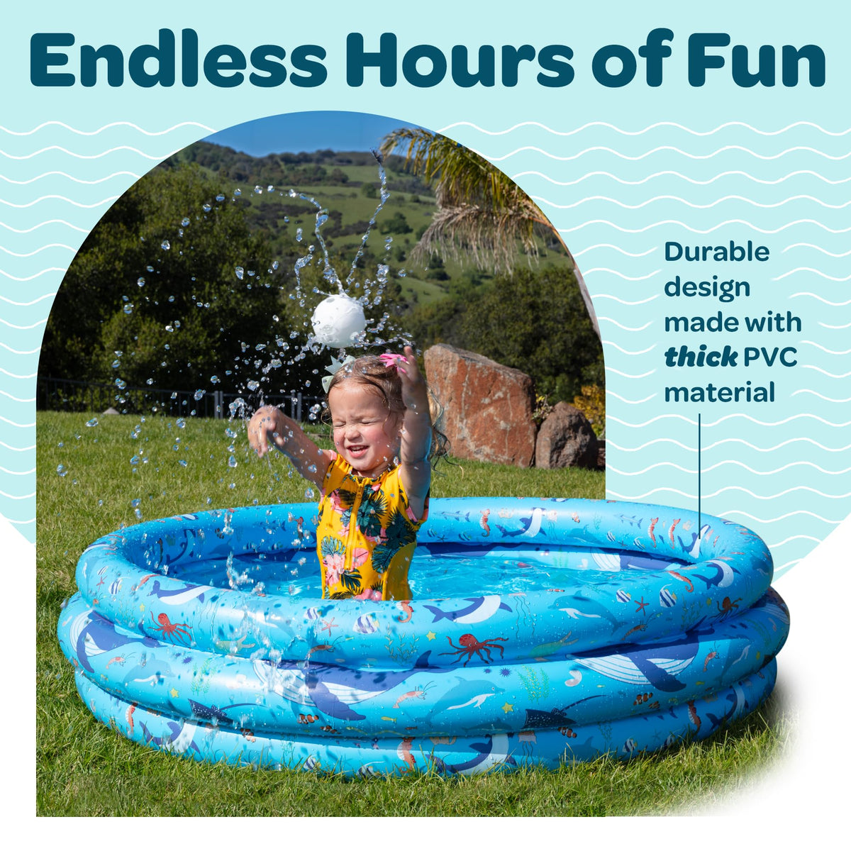 GRIP A POOL round plastic pool utilized indoors as a toddler ball pit filled with multi-colored plastic balls.