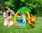 Toddler outdoor splash pool with leaf sun canopy and inflatable seat