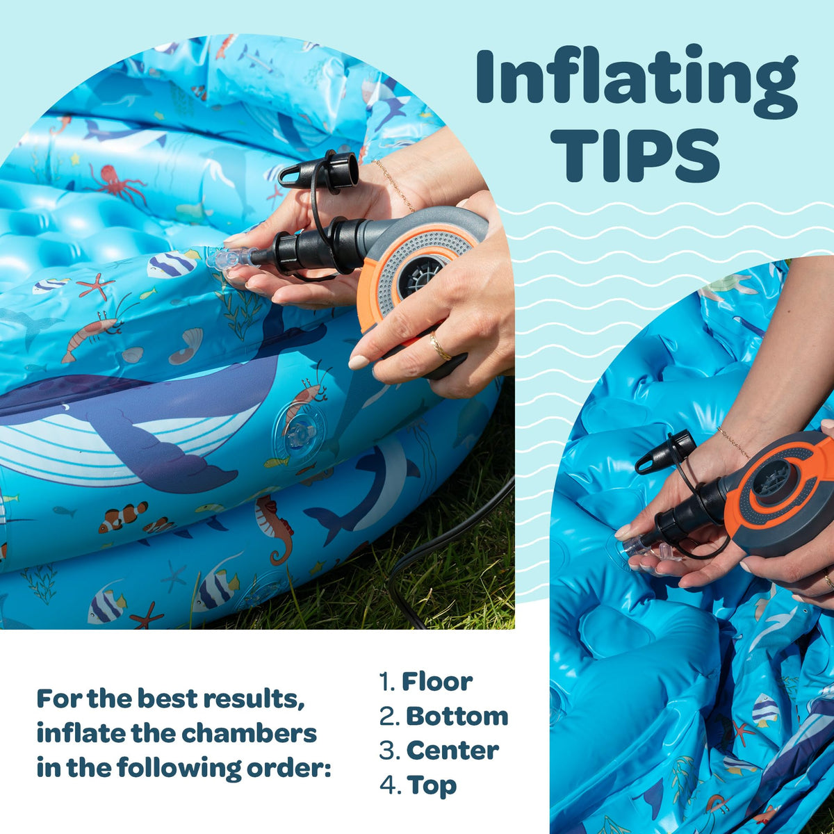Side view showing the three-ring sturdy construction and vibrant marine life graphics of the GRIP A POOL.