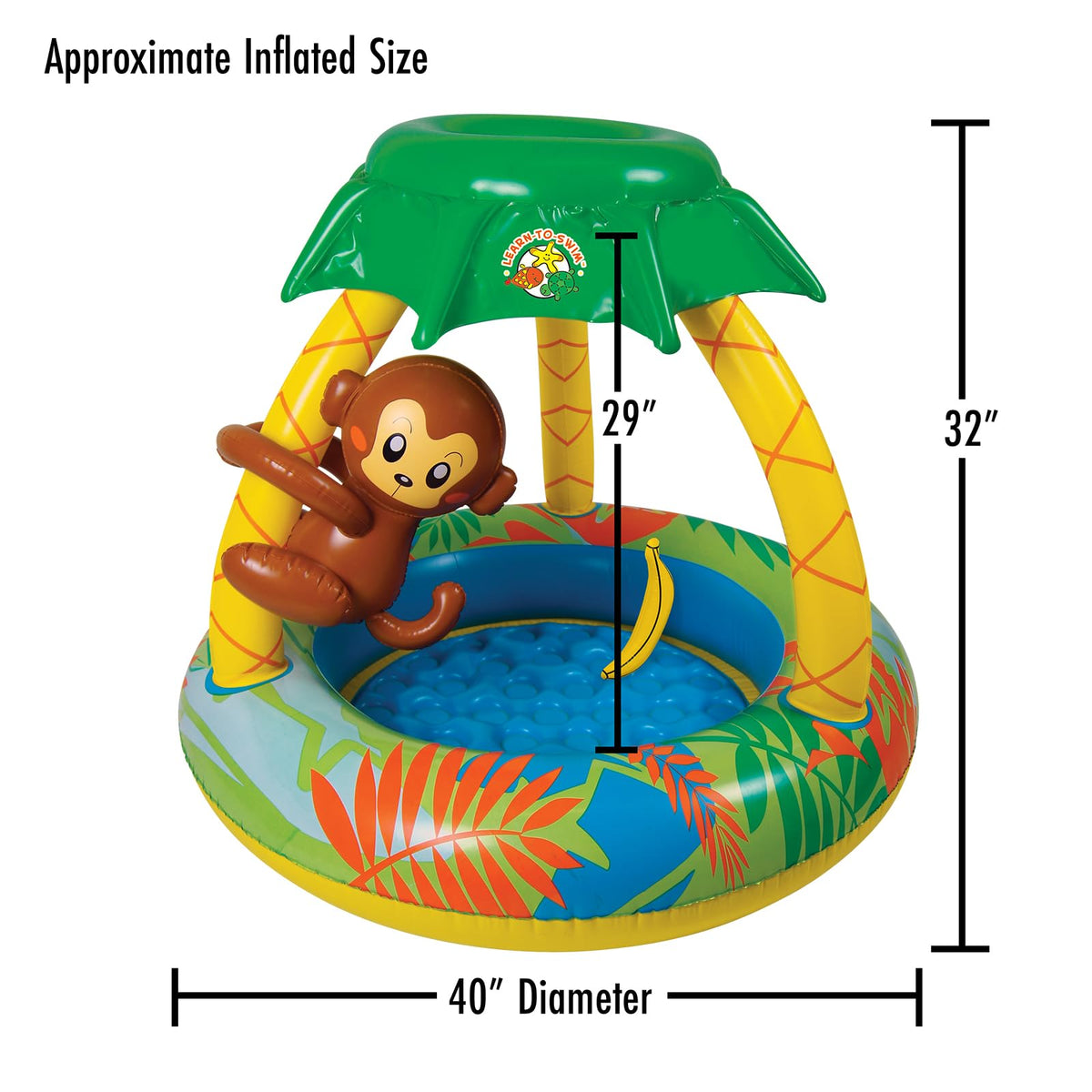 Jungle themed baby sitting pool featuring squeaking monkey toy accessory