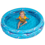 GRIP A POOL deflated and compactly folded next to its packaging, demonstrating portable travel convenience.