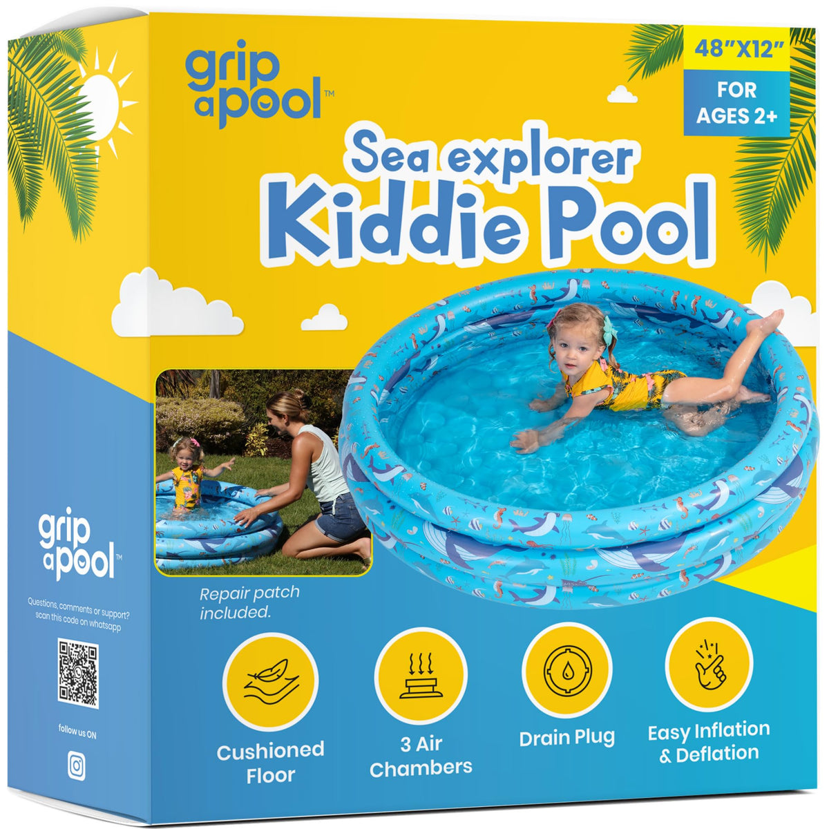 A toddler safely playing inside the cushioned GRIP A POOL with backyard summer water toys.