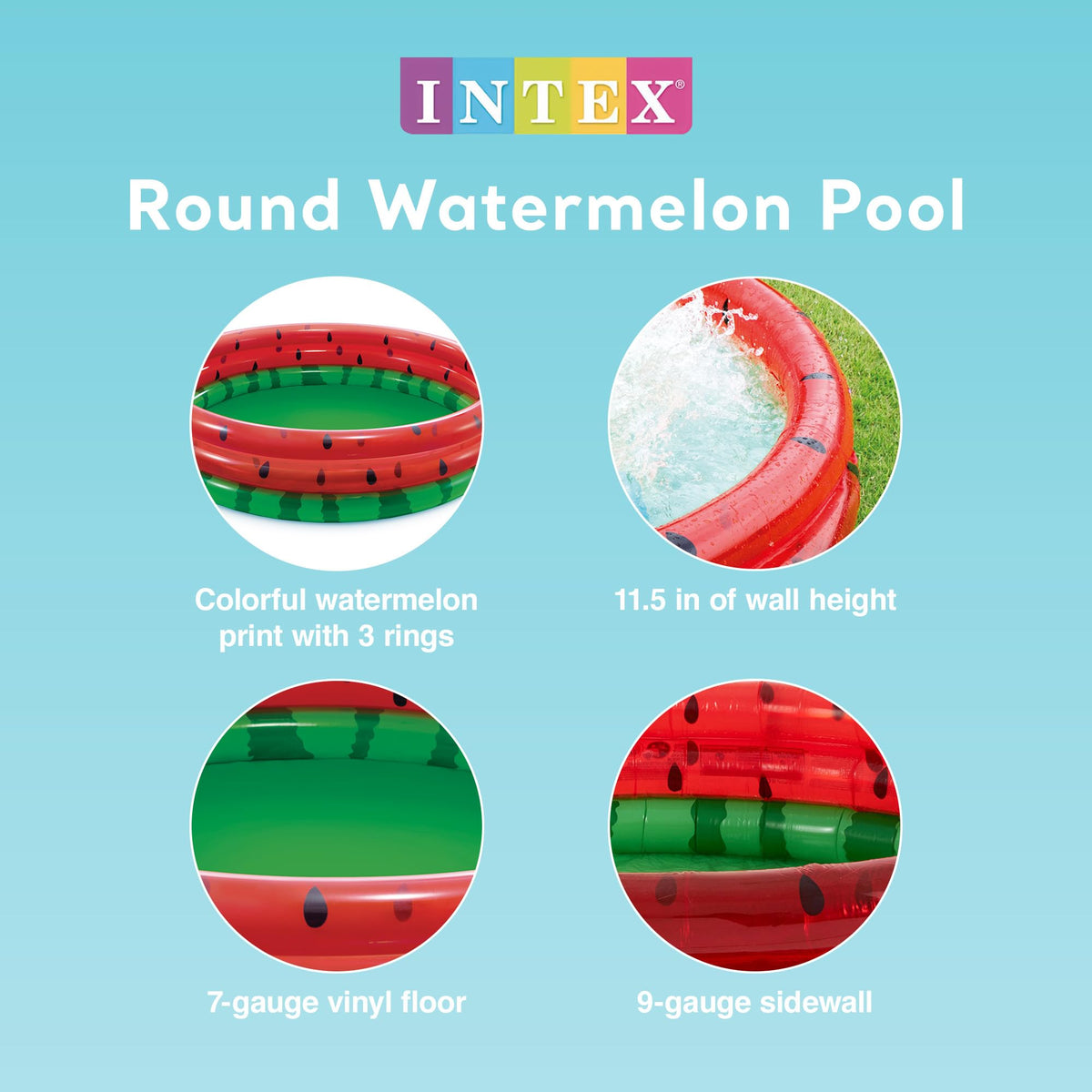 Intex sixty-six inch round wading pool showing the three-ring watermelon print design.