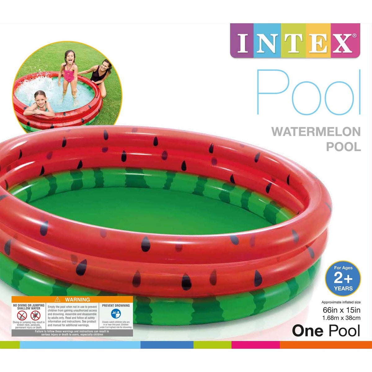 Side view of the inflated Intex three-ring toddler pool on a terrace floor.