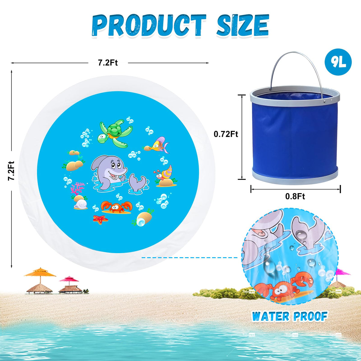 Giveuplay two in one toddler paddling pool filled with water on the sand