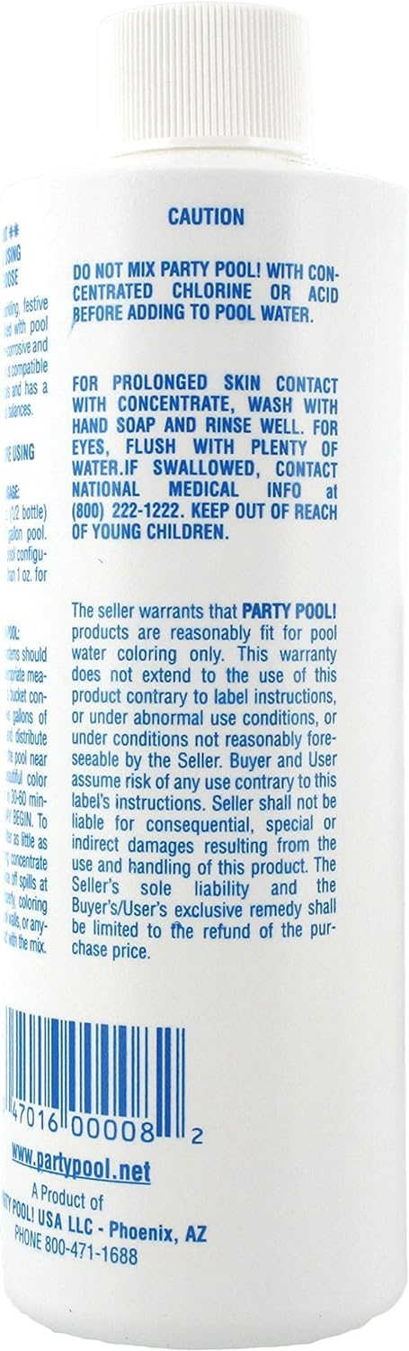 Eight ounce packaging of Party Pool water enhancer displaying the historical blue lagoon look logo design