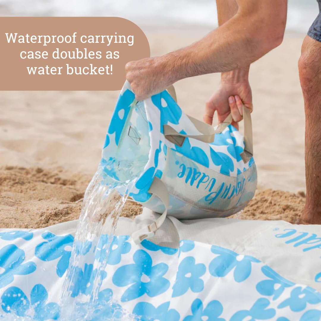 Close up view of the patented corner anchor pockets filled with sand.