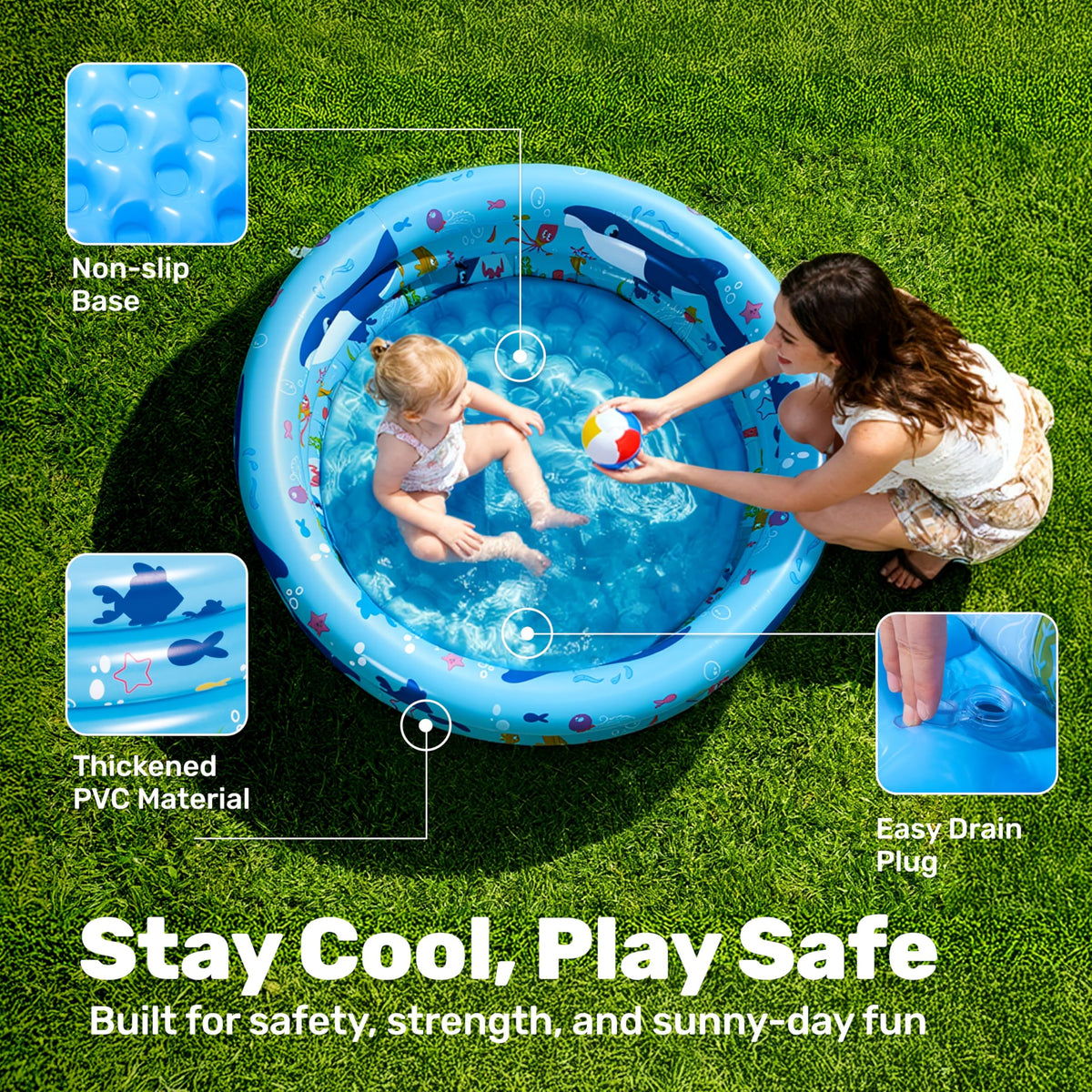 Sloosh blow up kid swimming pool with two toddlers playing safely inside