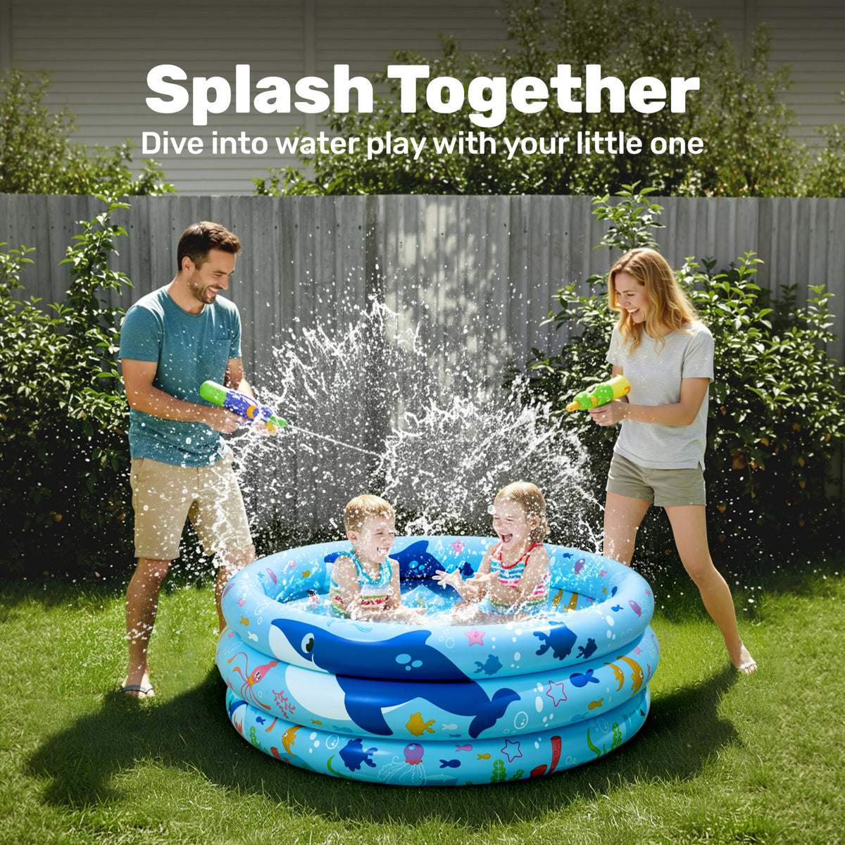 Sloosh three ring blue baby pool used outdoors as a dog splash pit