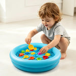 Side view of the blue CALIDAKA inflatable baby bath tub and play pool.