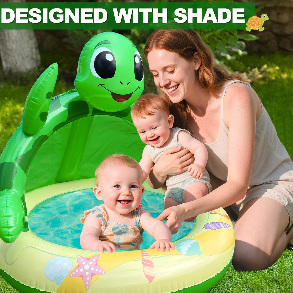 Side angle view of the AMENON green inflatable turtle pool on a backyard lawn.
