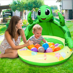 AMENON baby water play mat packaging view showing the included repair patches and hose connector.