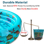 The bottom base of the dinosaur kiddie pool highlighting the convenient built-in water drainage plug for easy cleaning.