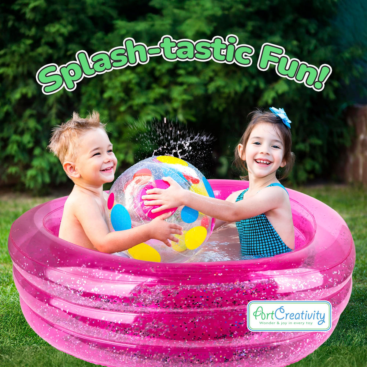 ArtCreativity Sparkly Inflatable Kiddie Pool with children splashing in the backyard during summer