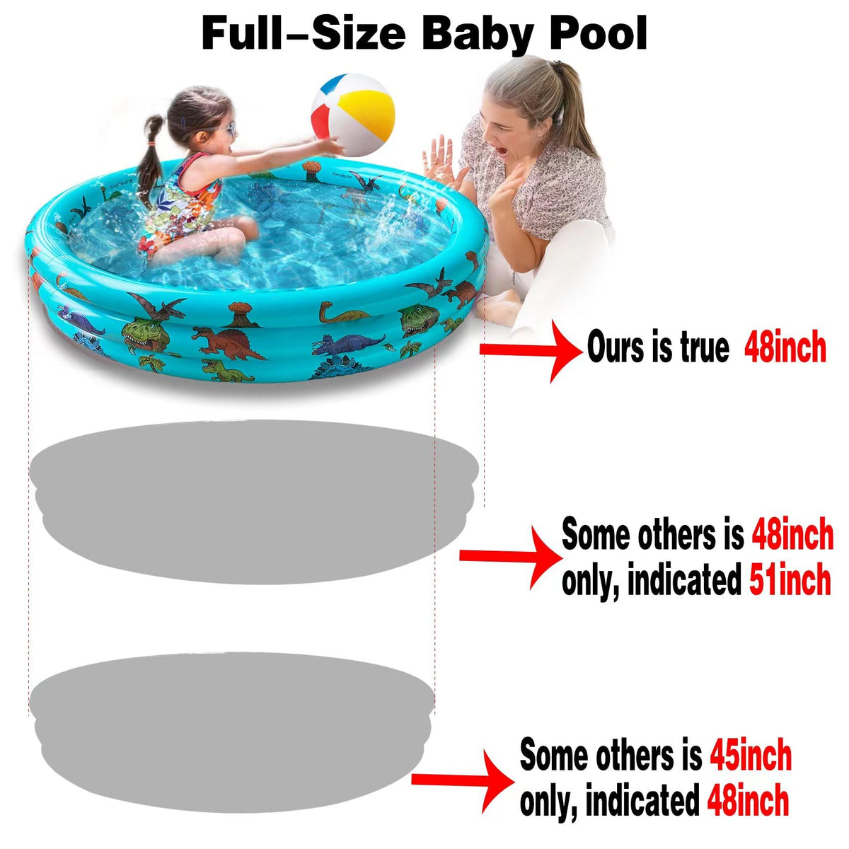 Packaging layout of the 10Leccion dinosaur baby pool including the heavy-duty vinyl repair patch accessory.