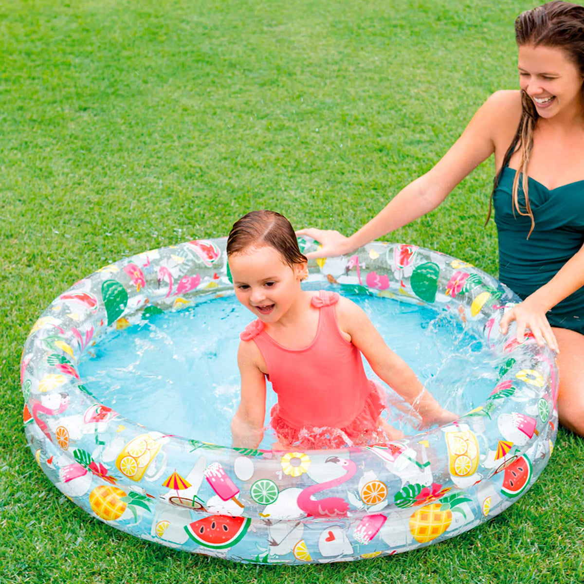 Side angle of the Intex forty eight inch circular blow up splash pool featuring its durable two ring structure.