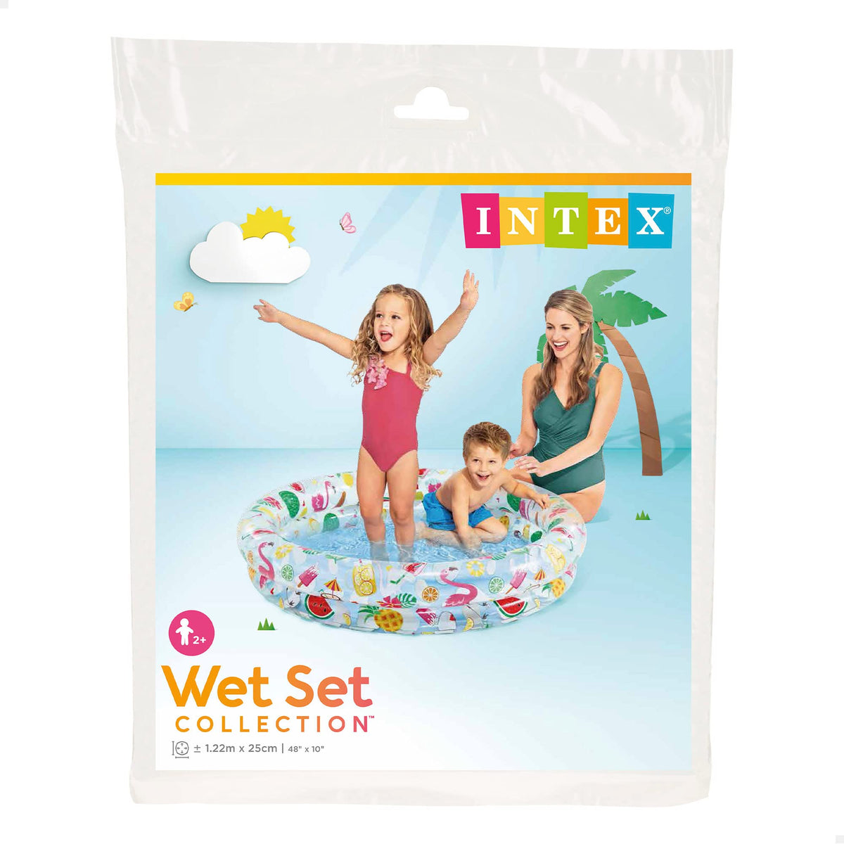 Top down view of the Intex inflatable toddler pool highlighting the soft cushioned floor barrier for safety.
