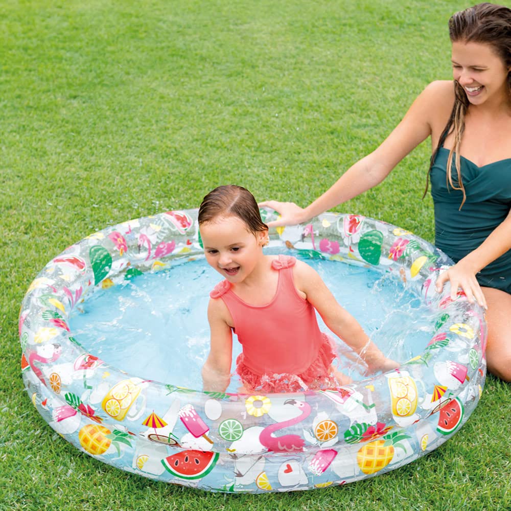Intex kiddie circles swimming pool deflated and compactly folded, demonstrating its lightweight portability.