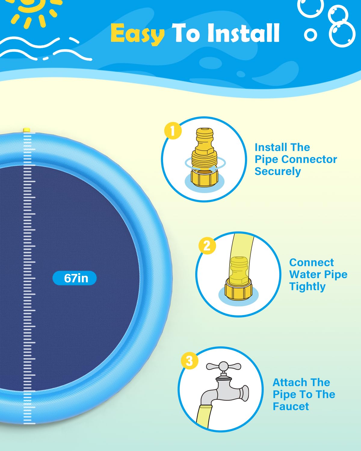 Peteast outdoor water play mat 67 inch blue showing kids and a puppy splashing together
